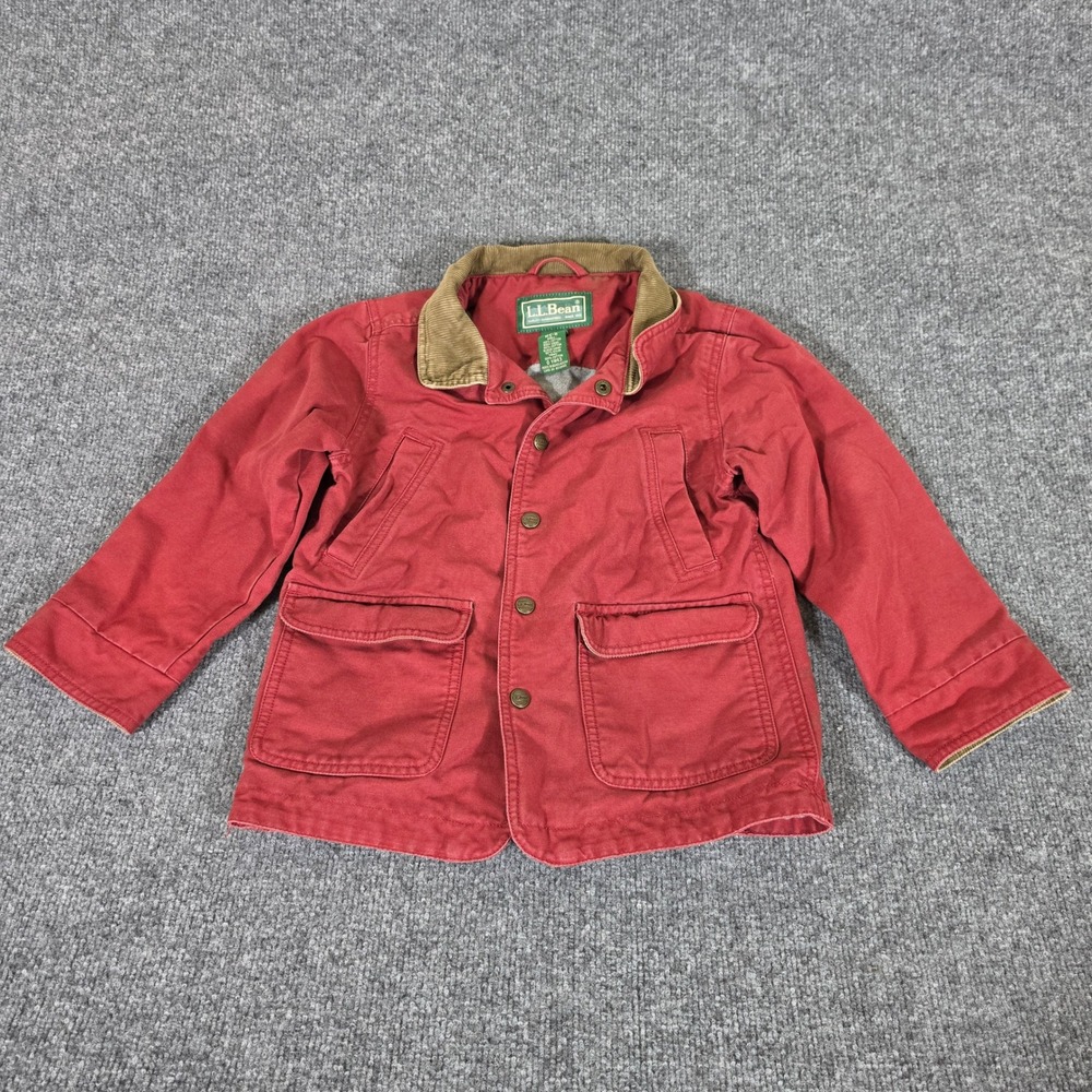 LL Bean Kids Red Cotton Canvas Flannel Lined Barn Coat Jacket Size M 5-6 Fall